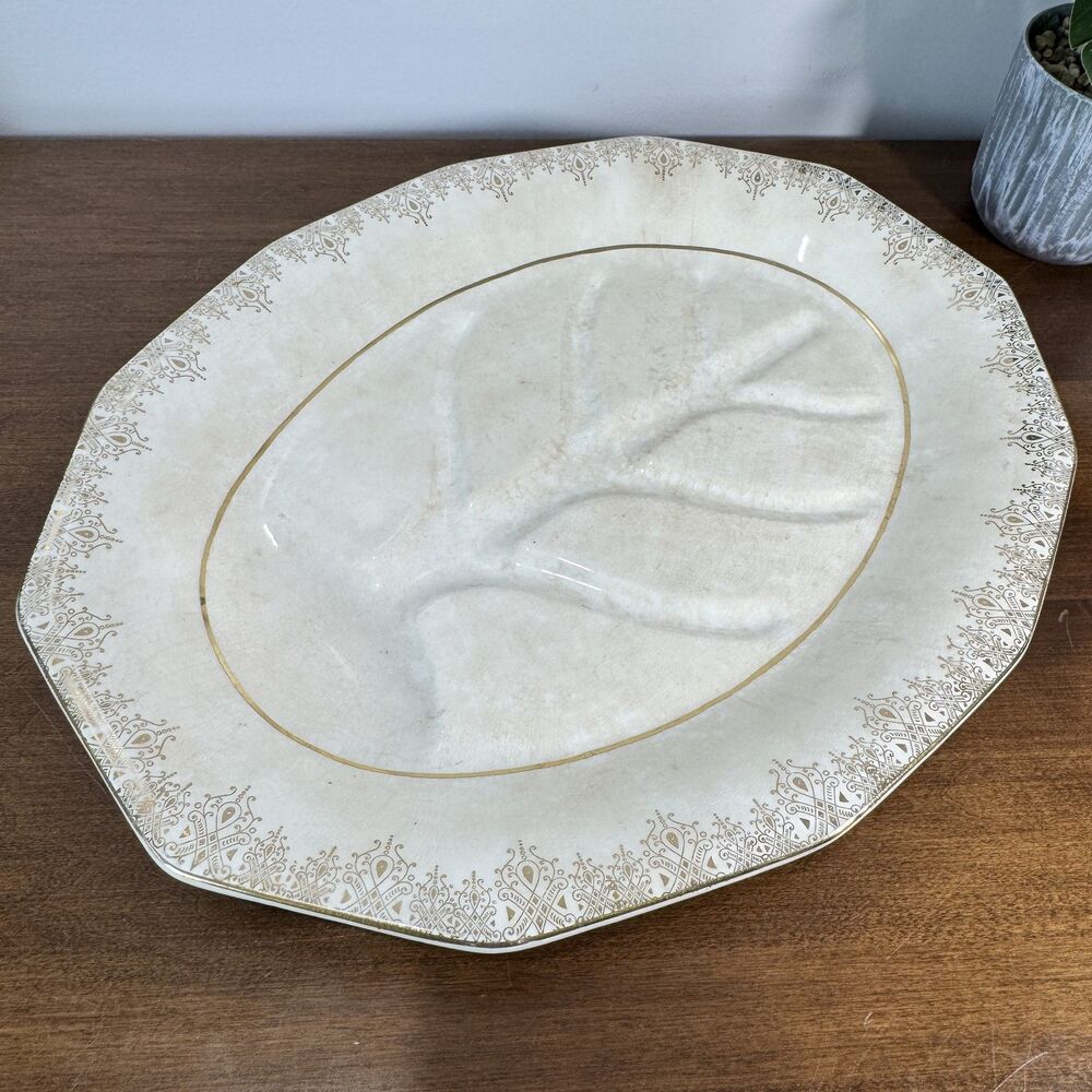 Vintage Royal Flurette Meat Platter Oval Octagonal Serving Dish Turkey